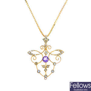 An early 20th century amethyst and split pearl pendant, with a 9ct gold chain.