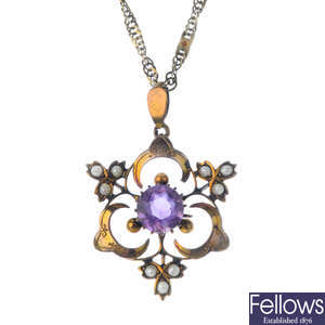 An early 20th century gold amethyst and split pearl pendant, with chain.