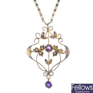 An early 20th century gold amethyst and split pearl pendant, with chain.