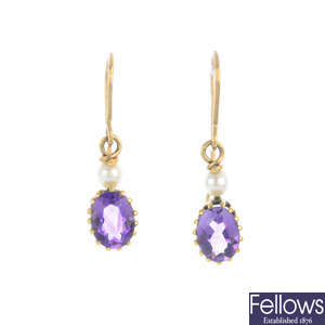 A pair of cultured pearl and amethyst earrings.