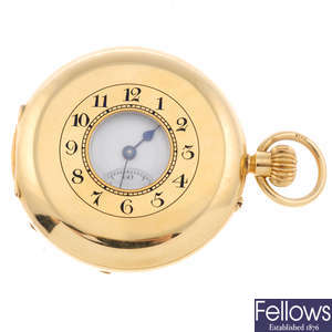 A 18ct yellow gold half hunter pocket watch by Goldsmiths & Silversmiths Co.
