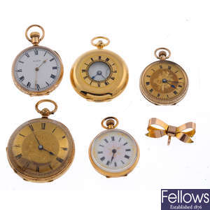 A group of five assorted gold and yellow metal pocket watches.