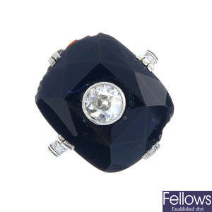 An Art Deco 18ct gold onyx and diamond ring.