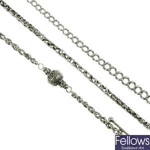 Five silver and white metal pocket watch chains and Albertinas.