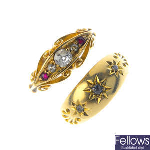 Three early 20th century 18ct gold diamond and gem-set rings.