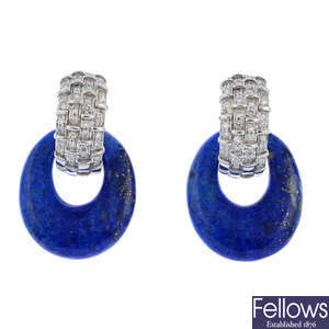 BOUCHERON - a pair of diamond earrings, with later lapis lazuli drops.