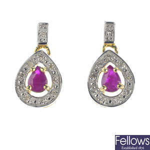 A pair of 9ct gold ruby and diamond earrings.
