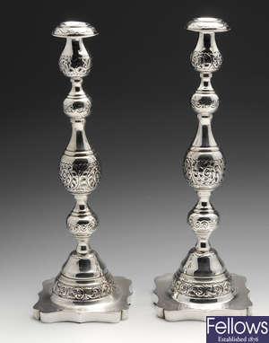 A 1920's pair of Judaica silver Sabbath candlesticks.