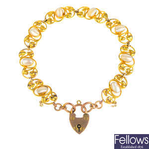 MURRLE BENNETT & CO. (attributed) - an early 20th century gold mother-of-pearl bracelet.