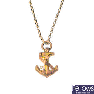 An early 20th century gold anchor pendant, with chain.