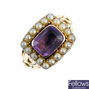 A Georgian gold amethyst and split pearl cluster ring.