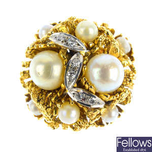 A 1980s 14ct gold cultured pearl and diamond floral dress ring.