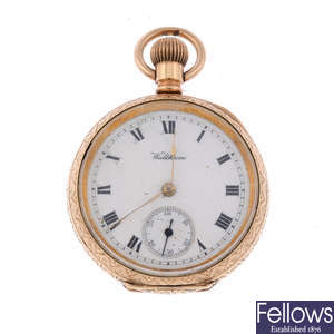 A gold plated open face fob watch by Waltham.