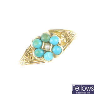 A late Victorian gold, turquoise and split pearl ring.