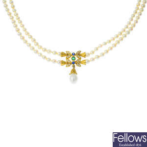 An 18ct gold cultured pearl, diamond, sapphire and emerald two-row necklace.