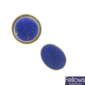 Two lapis lazuli signet rings, and a synthetic sapphire lapel pin.