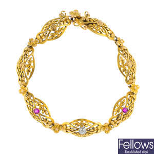 An early 20th century 15ct gold ruby and diamond bracelet.