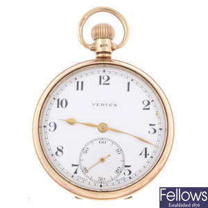 A yellow 9ct gold open face pocket watch by Vertex.