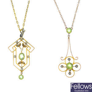 Two early 20th century peridot and split pearl pendants, with chains.