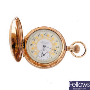 A gold plated full hunter pocket watch by Waltham.