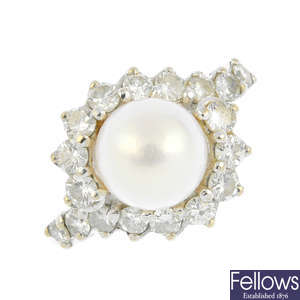 A 1960s 18ct gold cultured pearl and diamond ring.