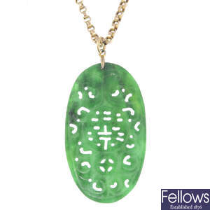 A carved jade pendant, with chain.