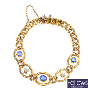 A late Victorian 15ct gold sapphire and diamond bracelet.