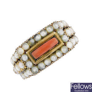 A late Georgian gold, coral and split pearl ring.