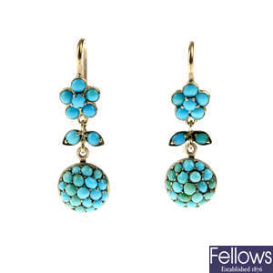 A pair of late Victorian turquoise earrings.