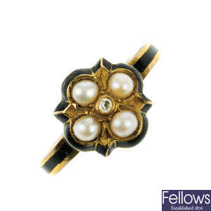 A late Victorian 9ct gold enamel, diamond and split pearl ring.