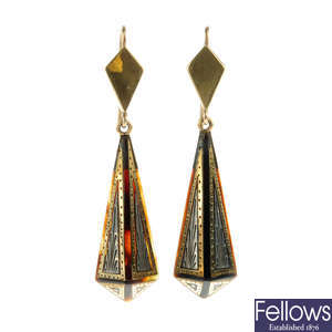 A pair of late Victorian pique tortoiseshell earrings.