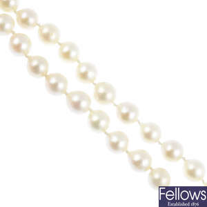 Two cultured pearl single-strand necklaces.