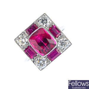 A tourmaline, diamond and ruby dress ring.