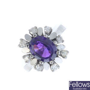 A 1970s 18ct gold amethyst and diamond cluster ring.