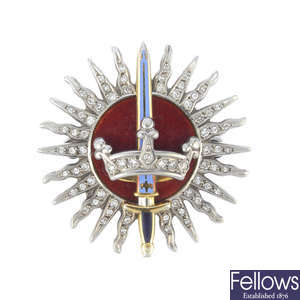 A 9ct gold diamond and enamel brooch.