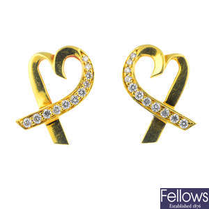 TIFFANY & CO. - a pair of 18ct gold diamond 'Loving Heart' earrings, by Paloma Picasso.