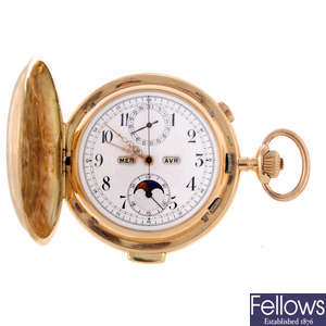 A yellow metal full hunter quarter repeater triple date moonphase chronograph pocket watch.