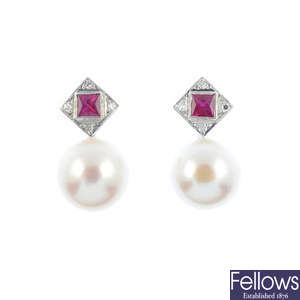 A pair of ruby, diamond and cultured pearl earrings.