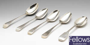 Four George III silver tablespoons & an early Victorian silver table spoon. (5).