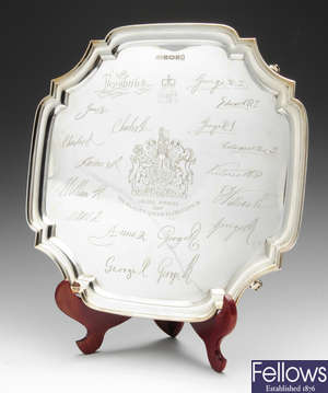A cased modern silver salver commemorating the Silver Jubilee of Her Majesty Queen Elizabeth II 1977.