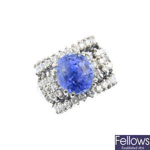 A Ceylon sapphire and diamond dress ring.