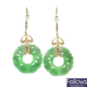 A pair of jade and split pearl earrings.