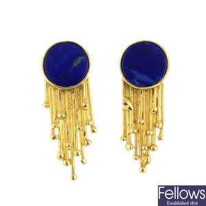 A pair of lapis lazuli earrings.