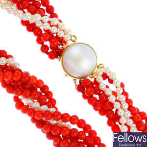 A coral and seed pearl necklace.