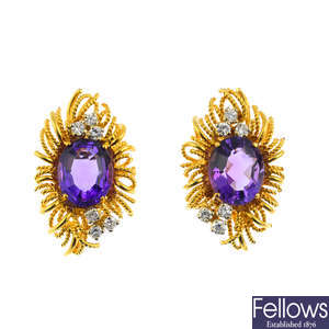 A pair of 1970s 18ct gold amethyst and diamond earrings.