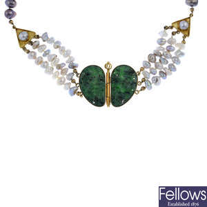 A jade and cultured pearl necklace.