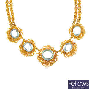 An early 19th century and later, gold aquamarine necklace.