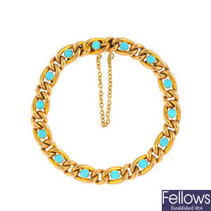 A late Victorian 15ct gold turquoise bracelet.