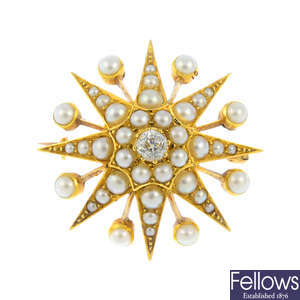 A late Victorian gold diamond and split pearl star brooch.