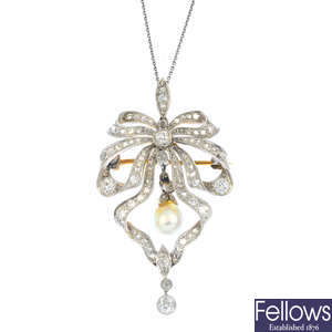 A late Victorian silver and gold pearl and diamond pendant, with chain.